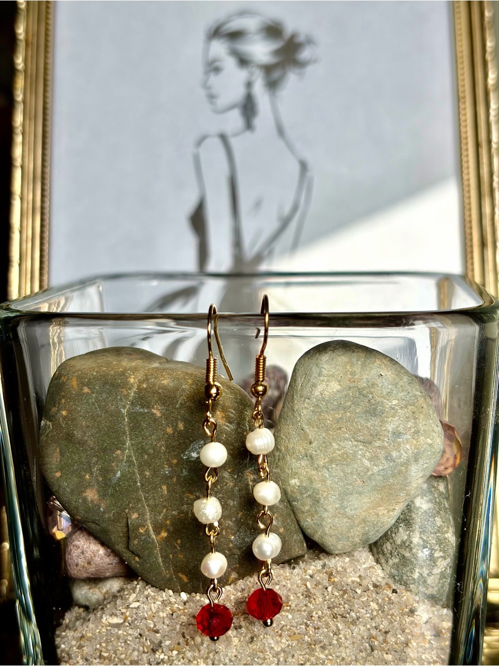 Gold-Tone Pearl Drop Earrings with Red Crystal